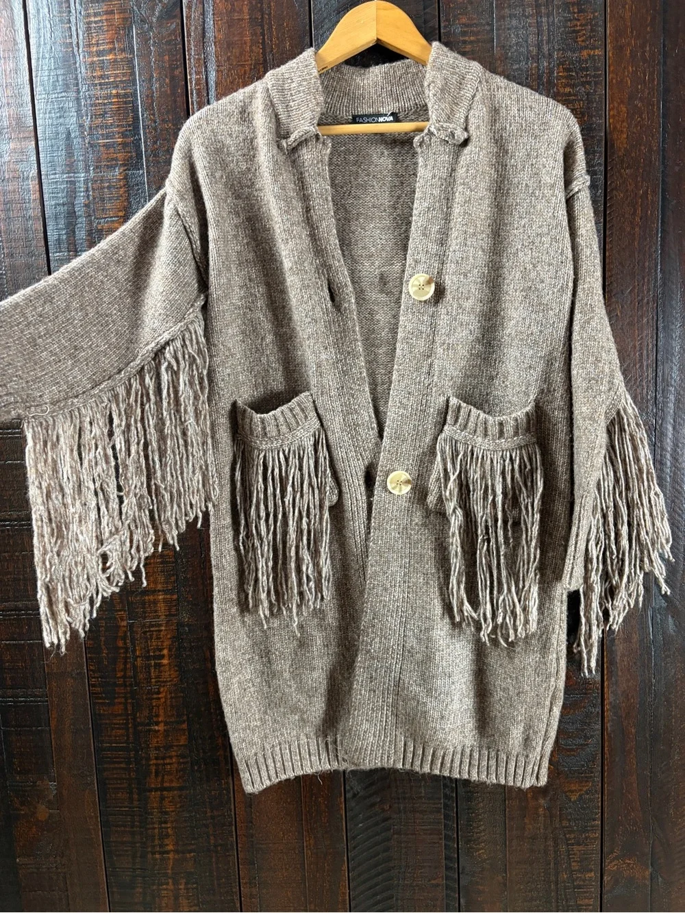 FashionNova Southwestern Fringe Long Cardigan Sweater - Taupe